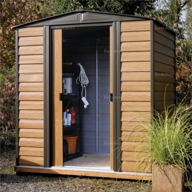 Rowlinson 6x5 Woodvale Metal Shed - Woodgrain Effect, Optional Installation Rowlinson 6x5 Woodvale Metal Shed - Woodgrain Effect, Optional Installation